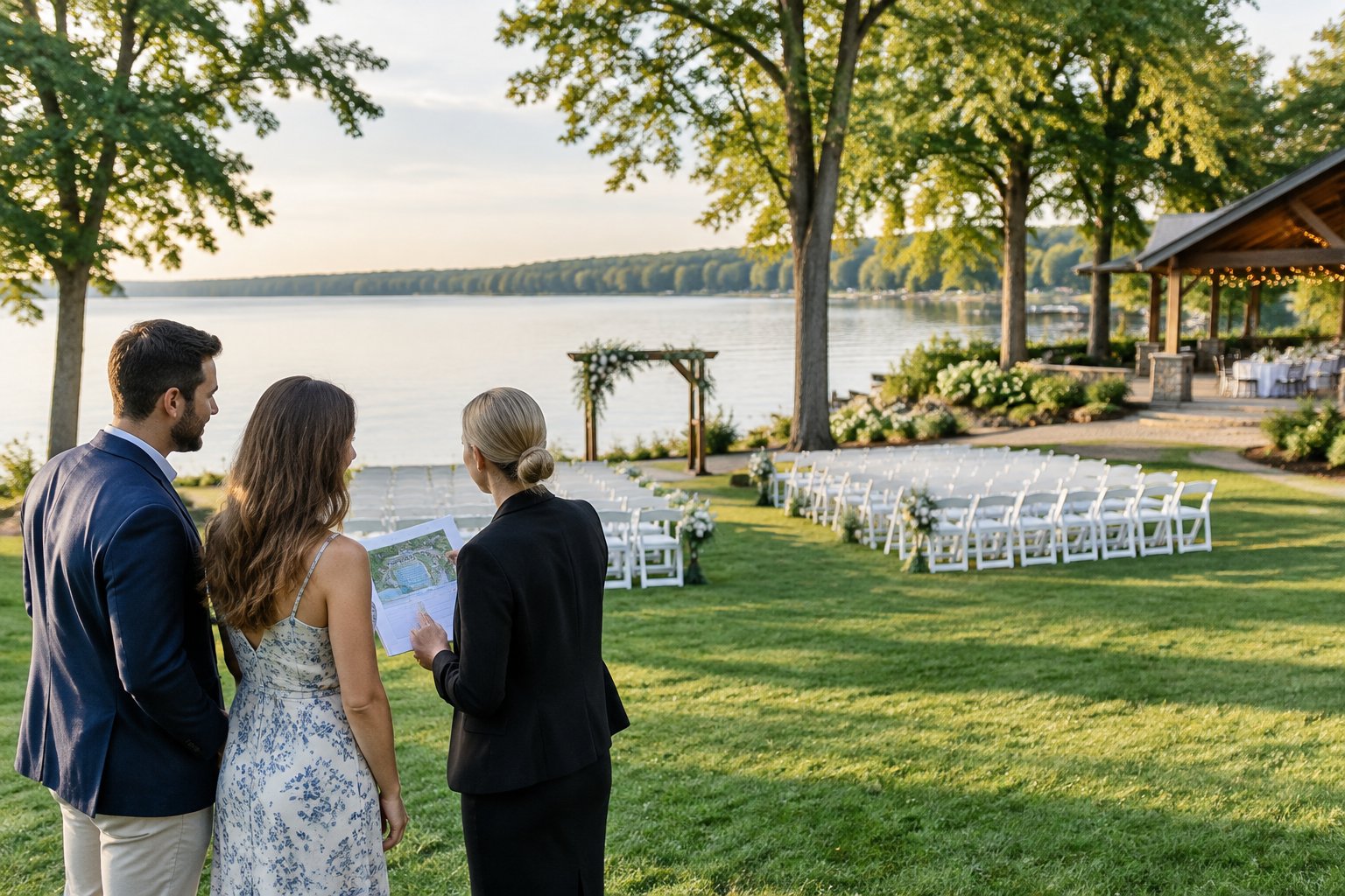 A couple and wedding planner look over a lakeside ceremony venue.