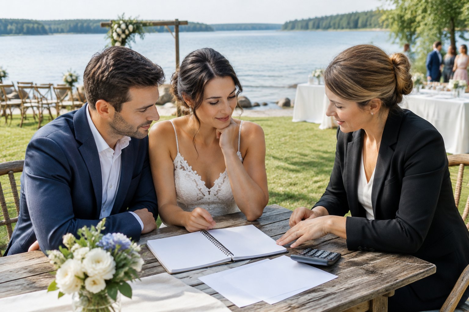 A couple and wedding planner review papers at a table beside a lake, with a simple wedding setup in the background.