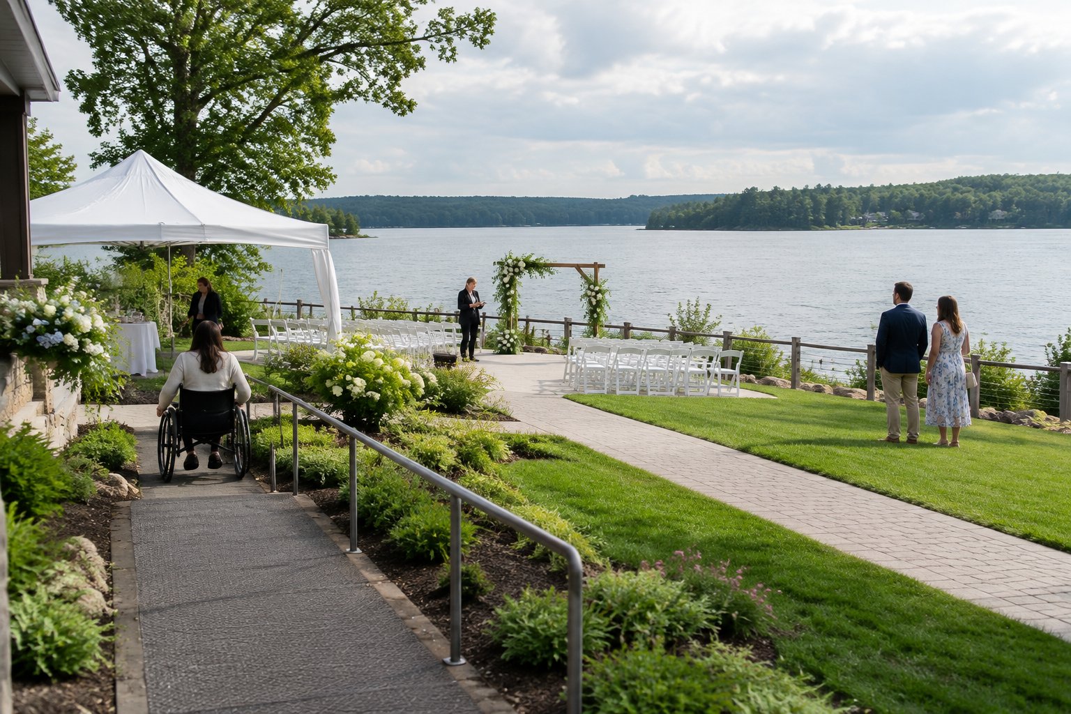 A wedding ceremony setup beside a lake with a covered area, accessible path, and shoreline safety boundary.