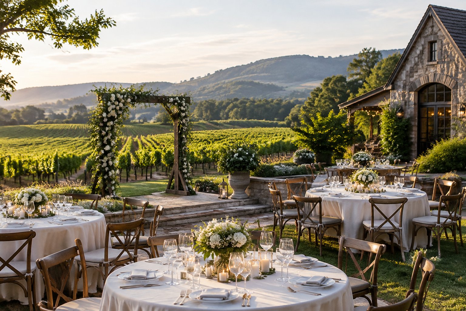An elegant wedding reception beside a vineyard, with a floral ceremony arbor and winery building nearby.