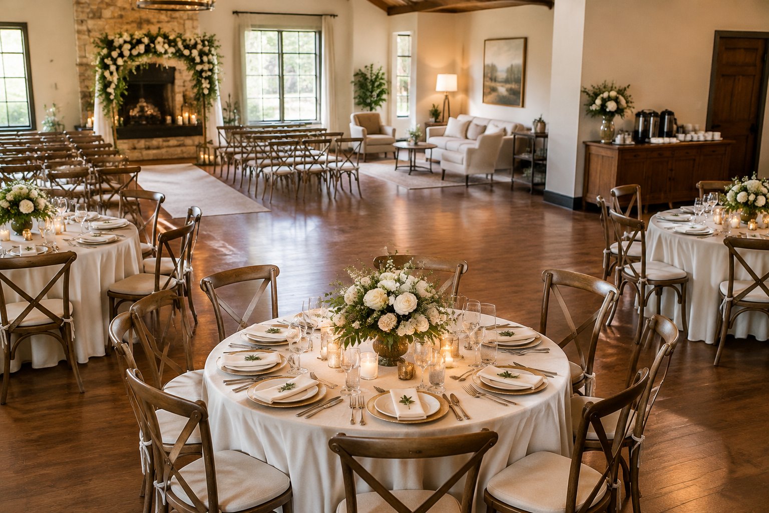 An elegant wedding reception table set inside a welcoming venue.