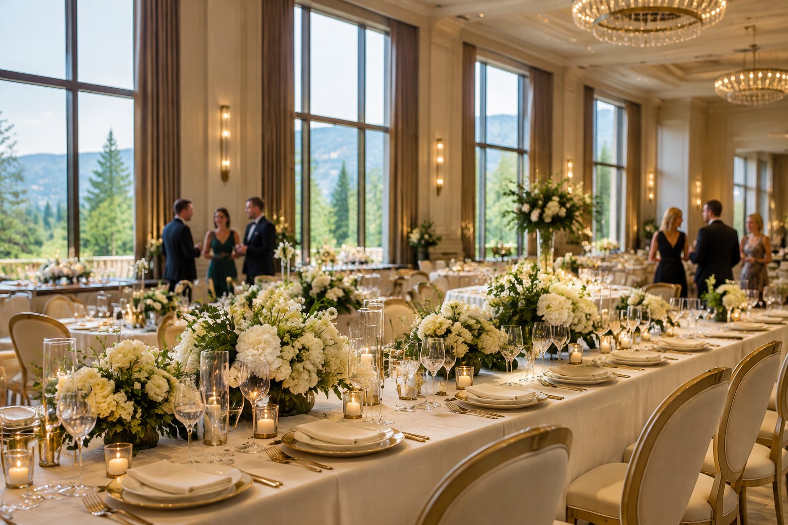 An elegant hotel ballroom set for a wedding reception with floral centerpieces and formally dressed guests.