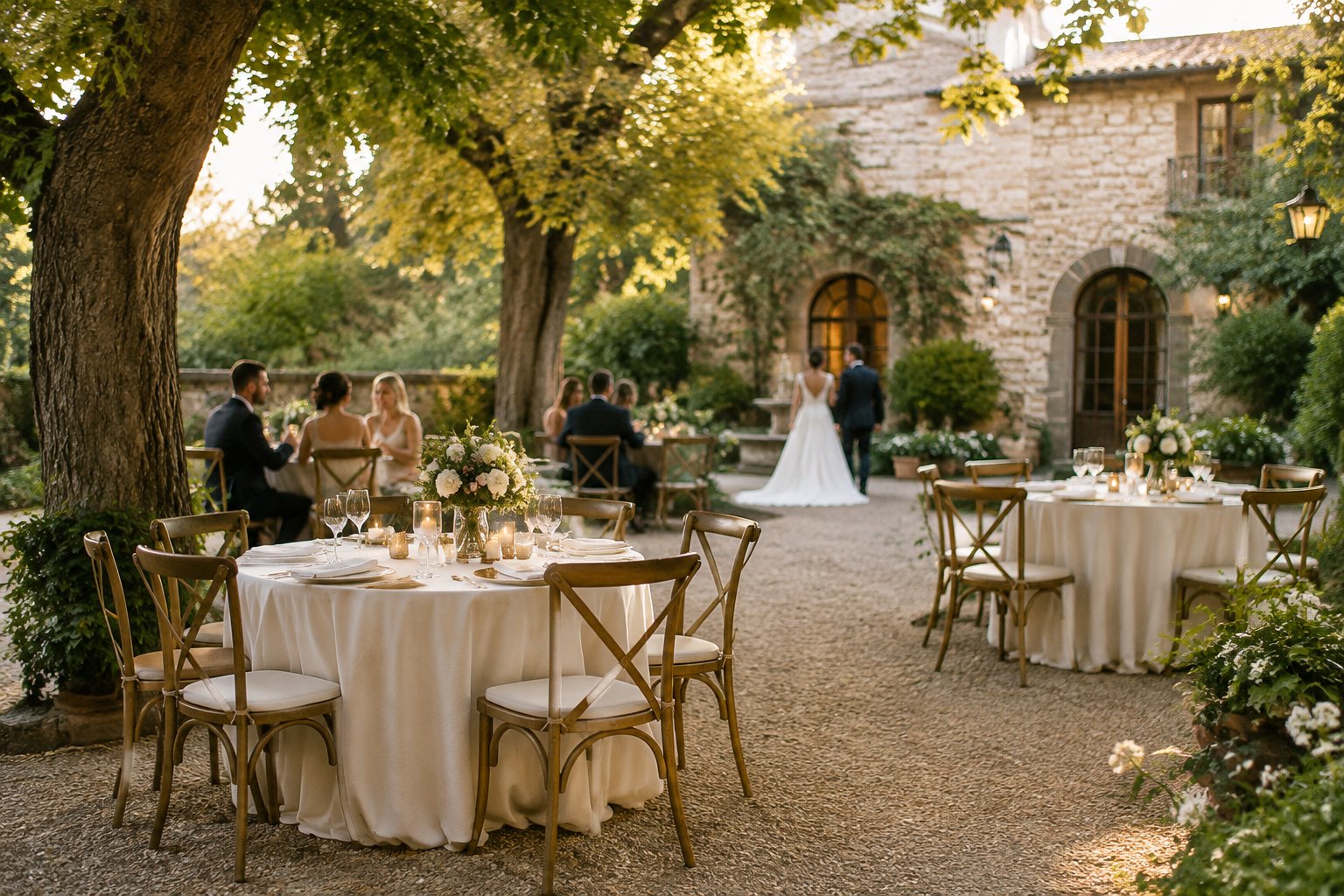 A couple and guests celebrate at an intimate garden wedding reception.
