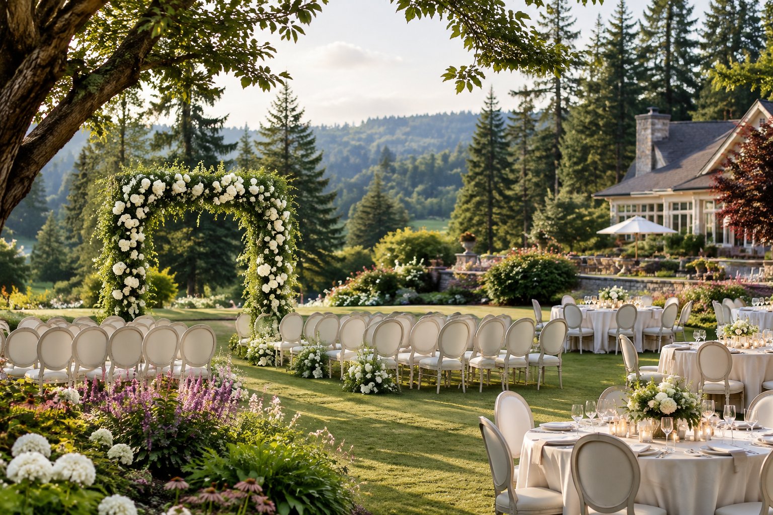An outdoor wedding ceremony and reception on a garden lawn beside a country-club estate and woodland.