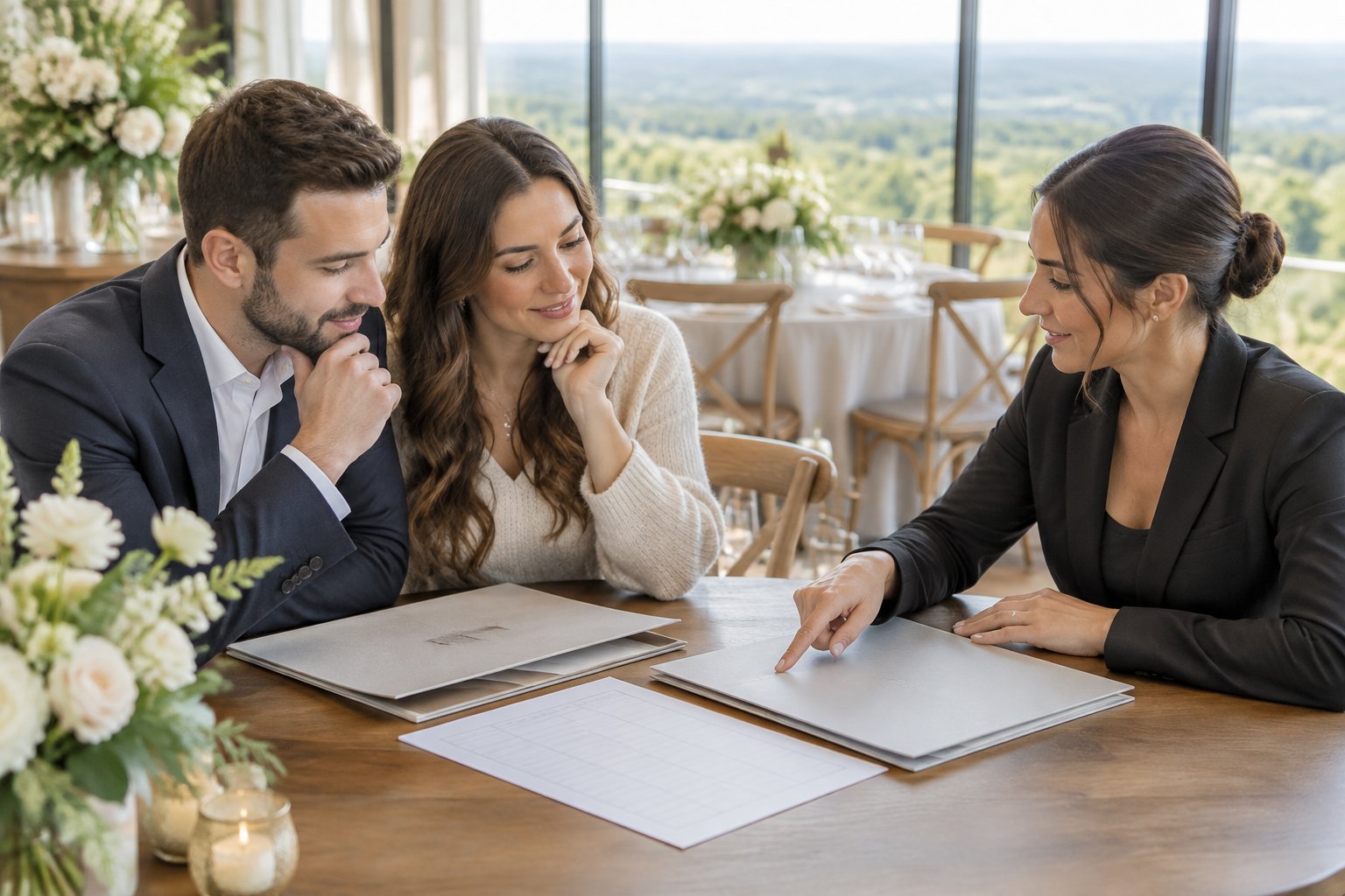 A couple reviews venue proposals with a coordinator in an elegant wedding venue.