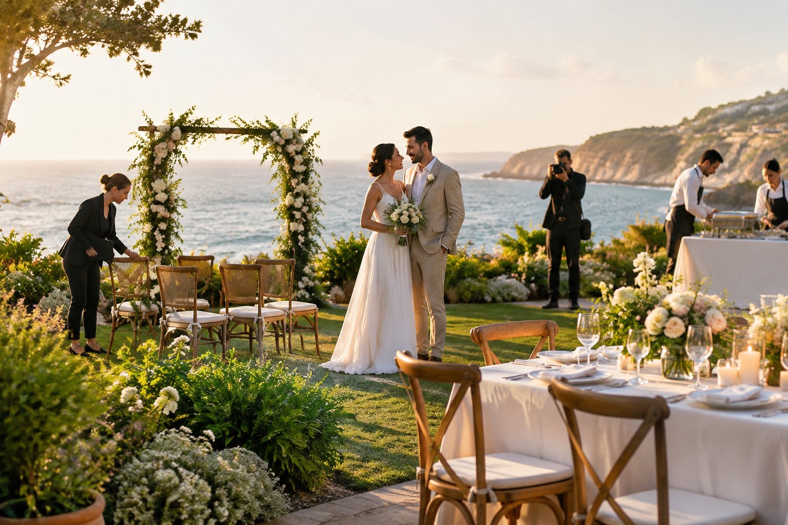 A couple celebrates at an intimate garden wedding with a decorated ceremony area and reception table.