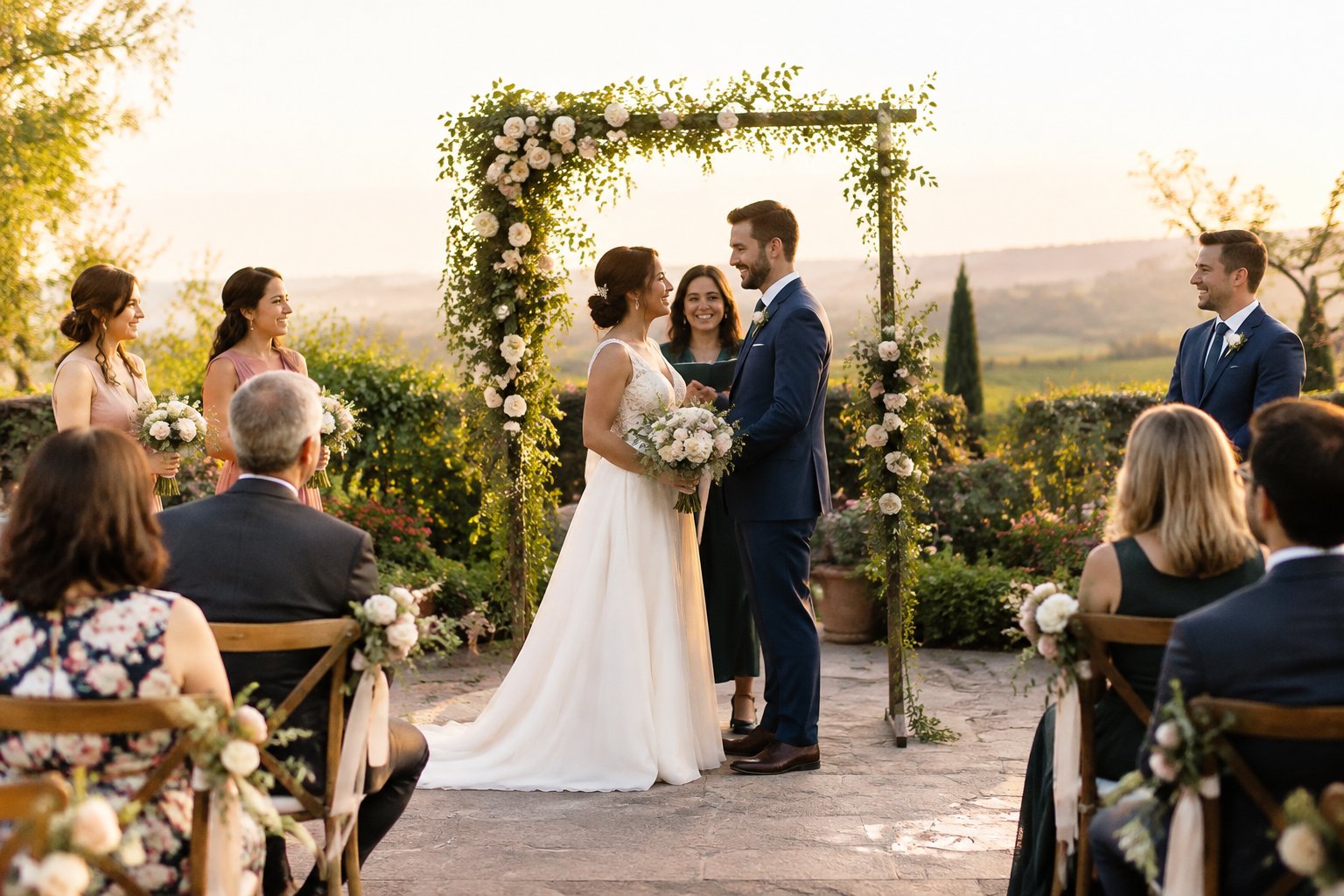 A couple celebrates their wedding with guests in a garden ceremony.