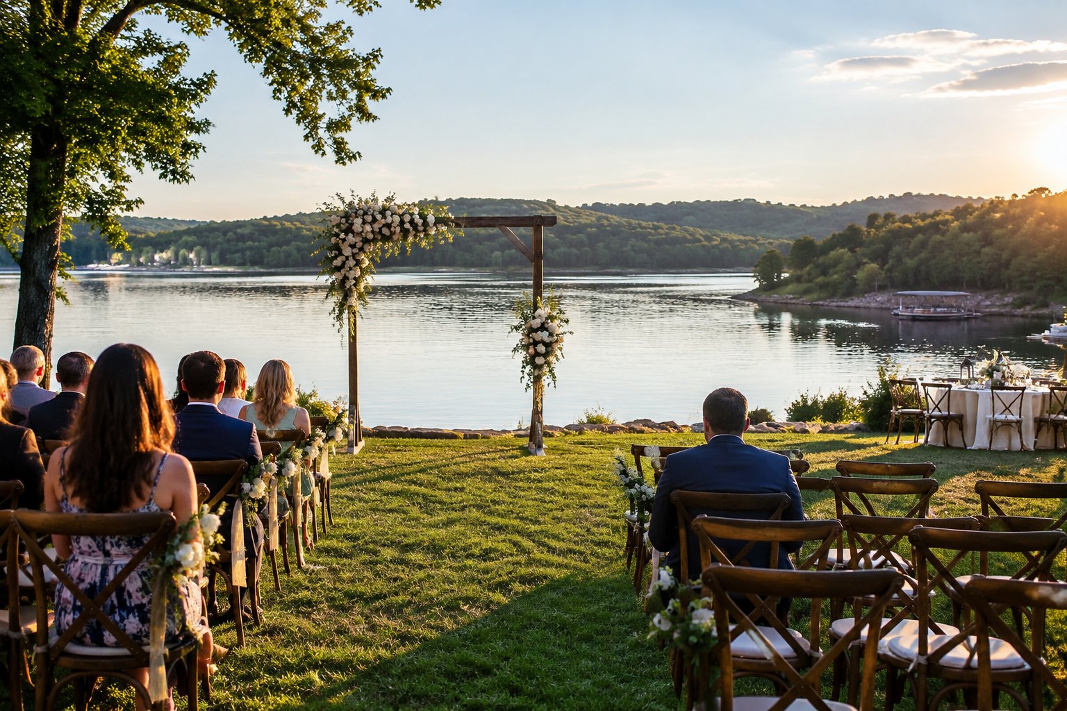An outdoor wedding ceremony set beside a calm lake with wooded hills in the background.