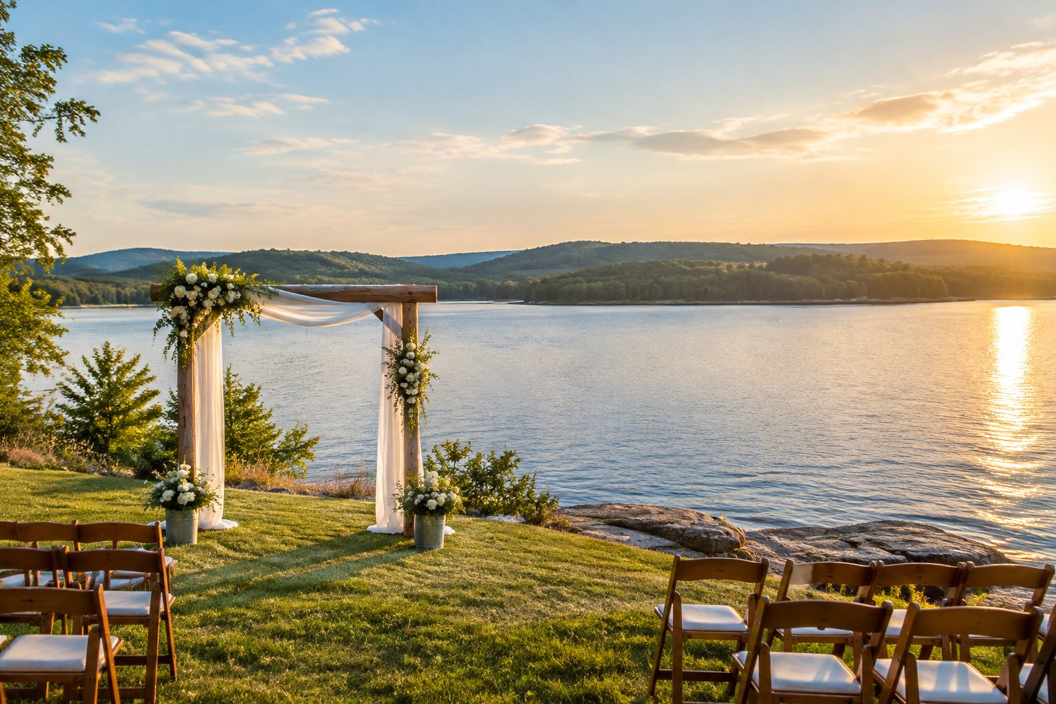 A wedding ceremony setup overlooking a calm lake and wooded hills.