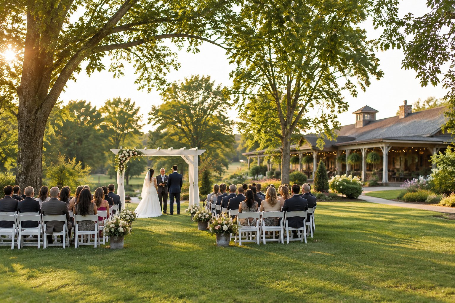 An outdoor wedding ceremony on a garden lawn at a countryside venue.