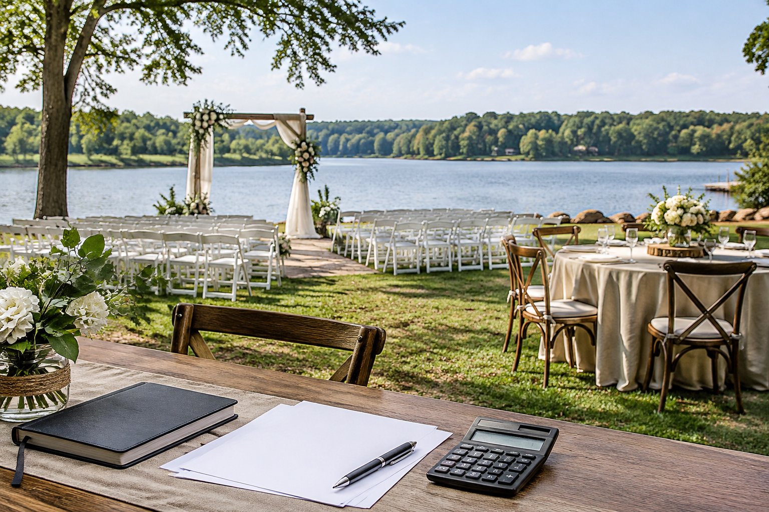 A wedding ceremony setup beside a calm lake.
