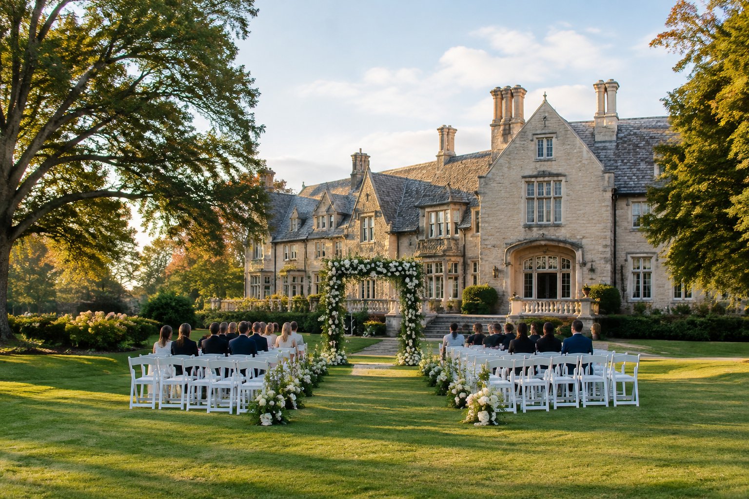 A wedding ceremony set on the lawn of an elegant country estate.