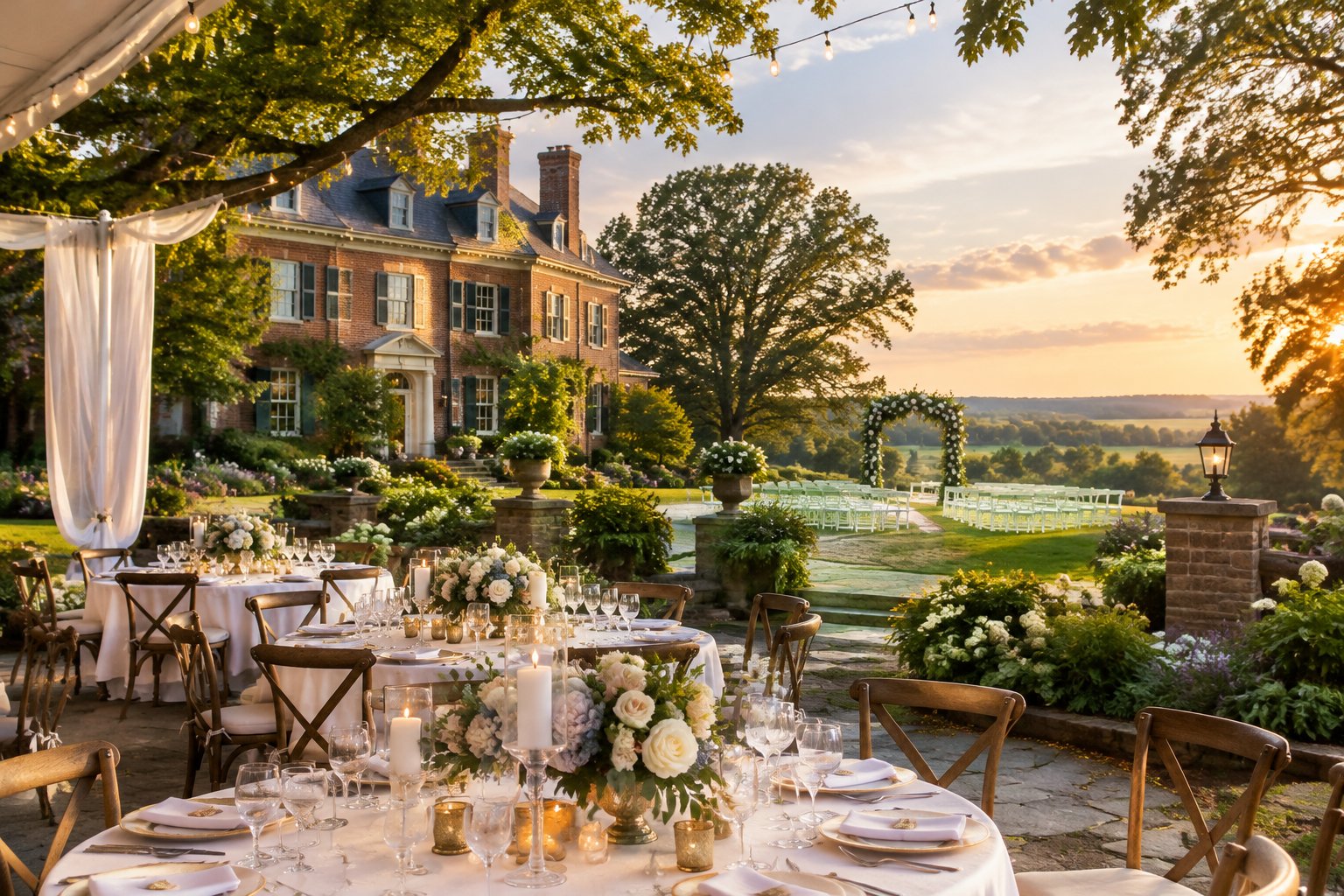 A garden wedding reception beside a historic estate.