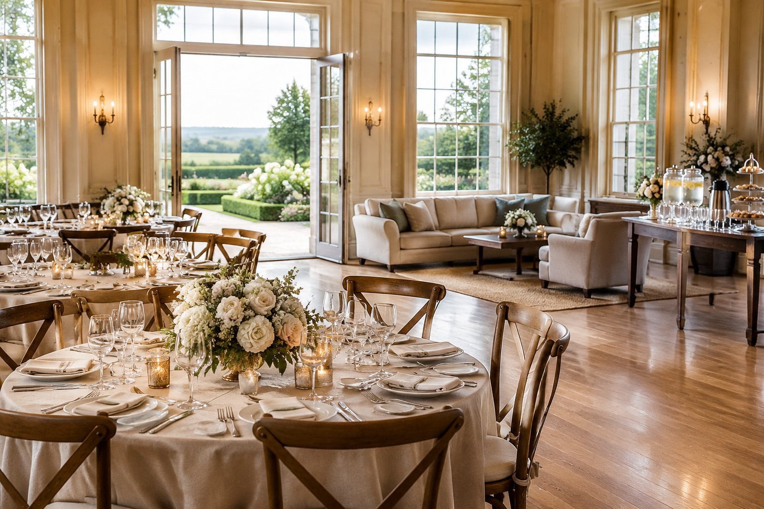 An elegant wedding reception room with decorated tables, flowers, candles, and a garden view.