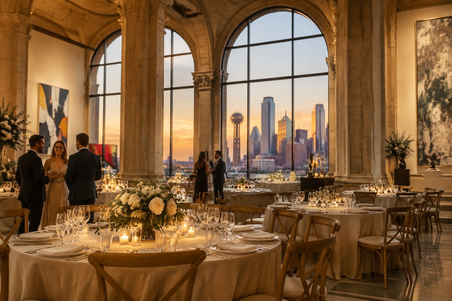 A wedding reception in a historic downtown venue with artwork and a city skyline view.