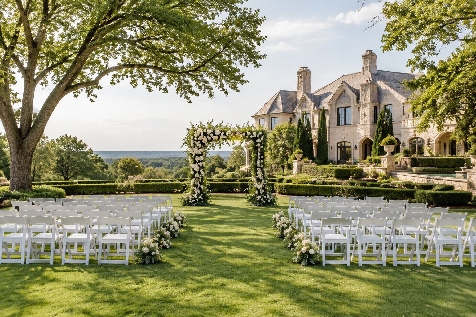 An outdoor wedding ceremony setup in the garden of a grand estate.