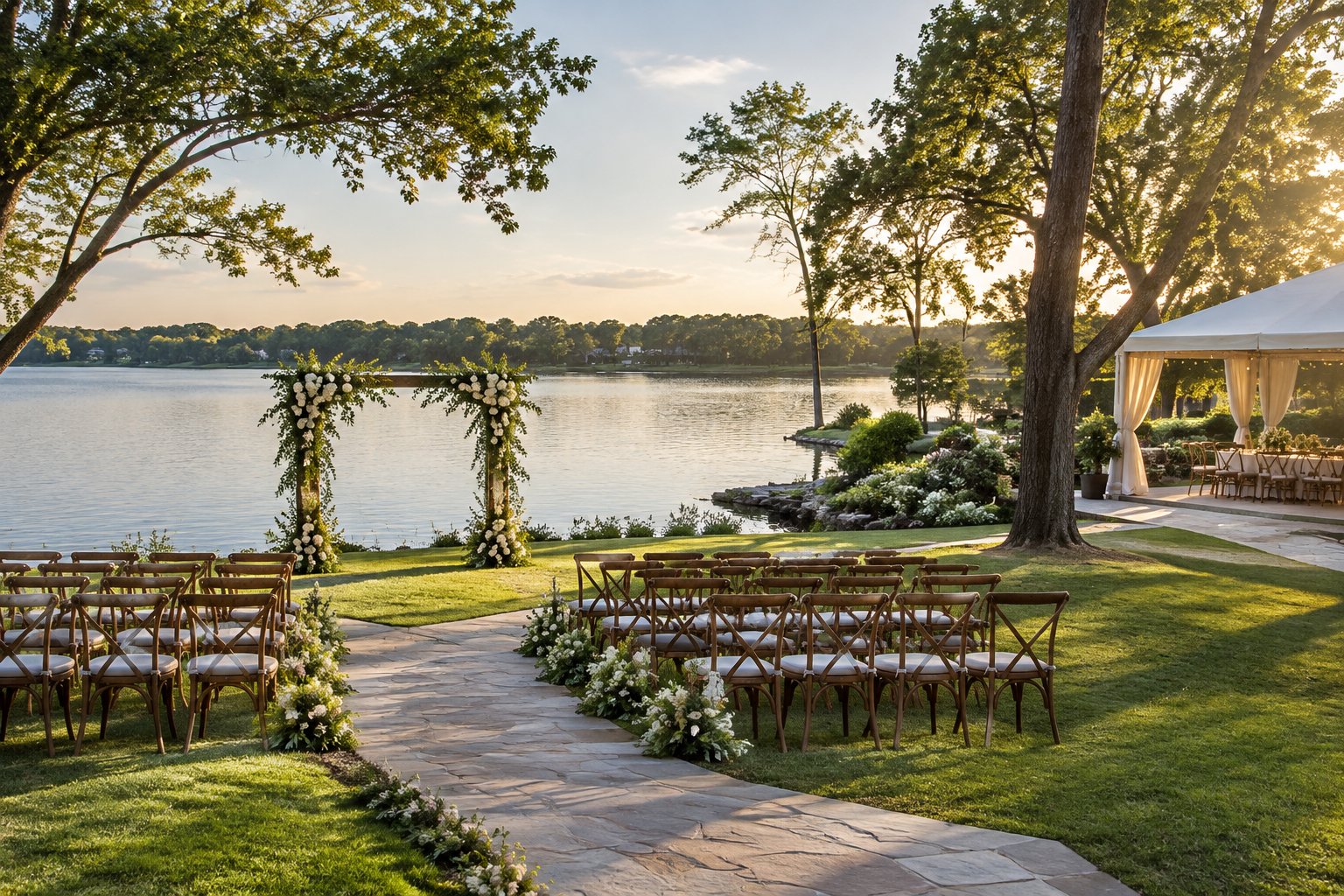 An outdoor wedding ceremony set beside a calm lake.