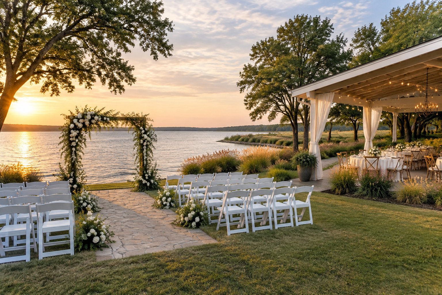 A wedding ceremony and reception setup beside a lake.