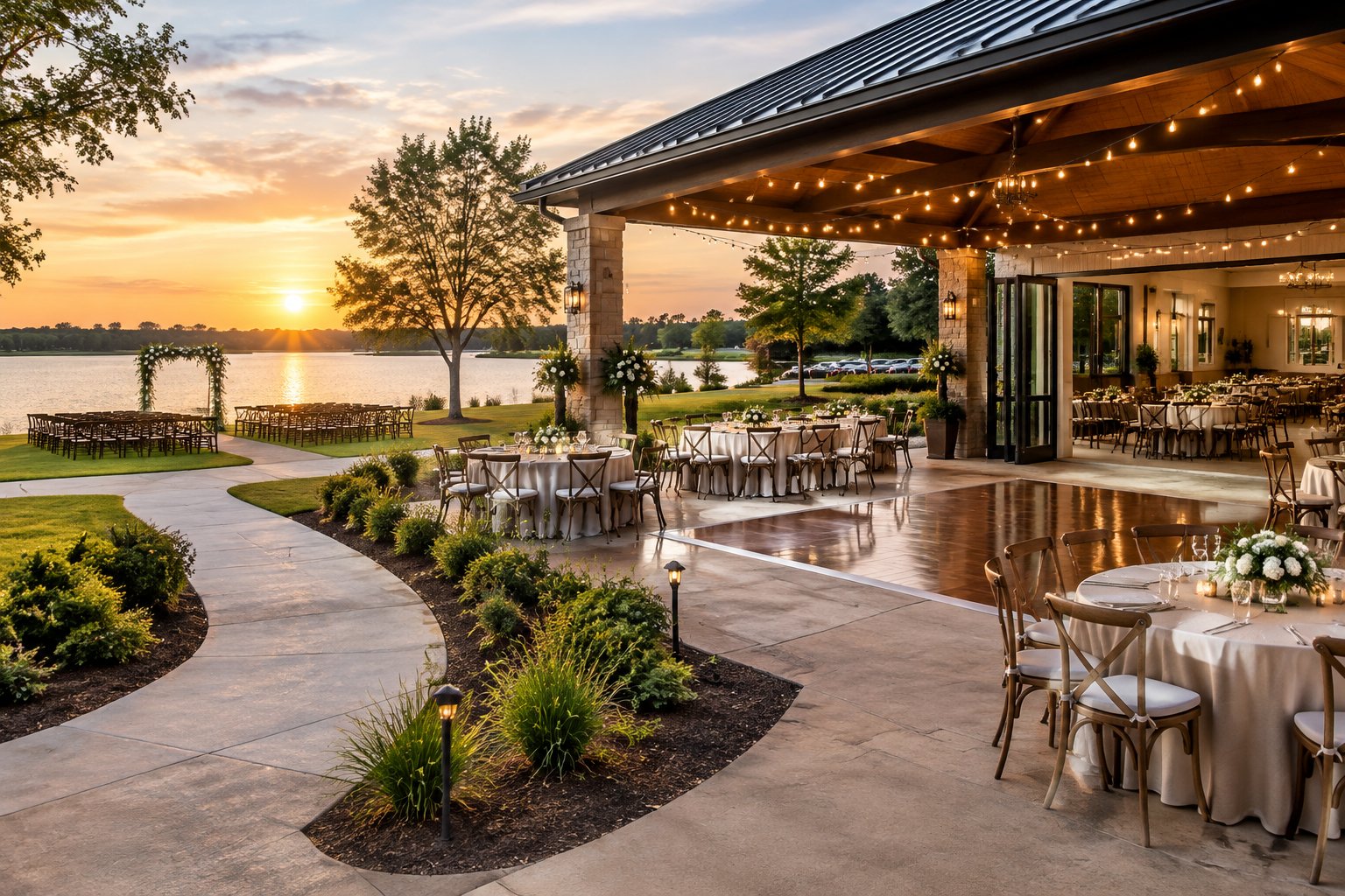A decorated wedding reception beside a lake, with a pavilion and ceremony seating nearby.