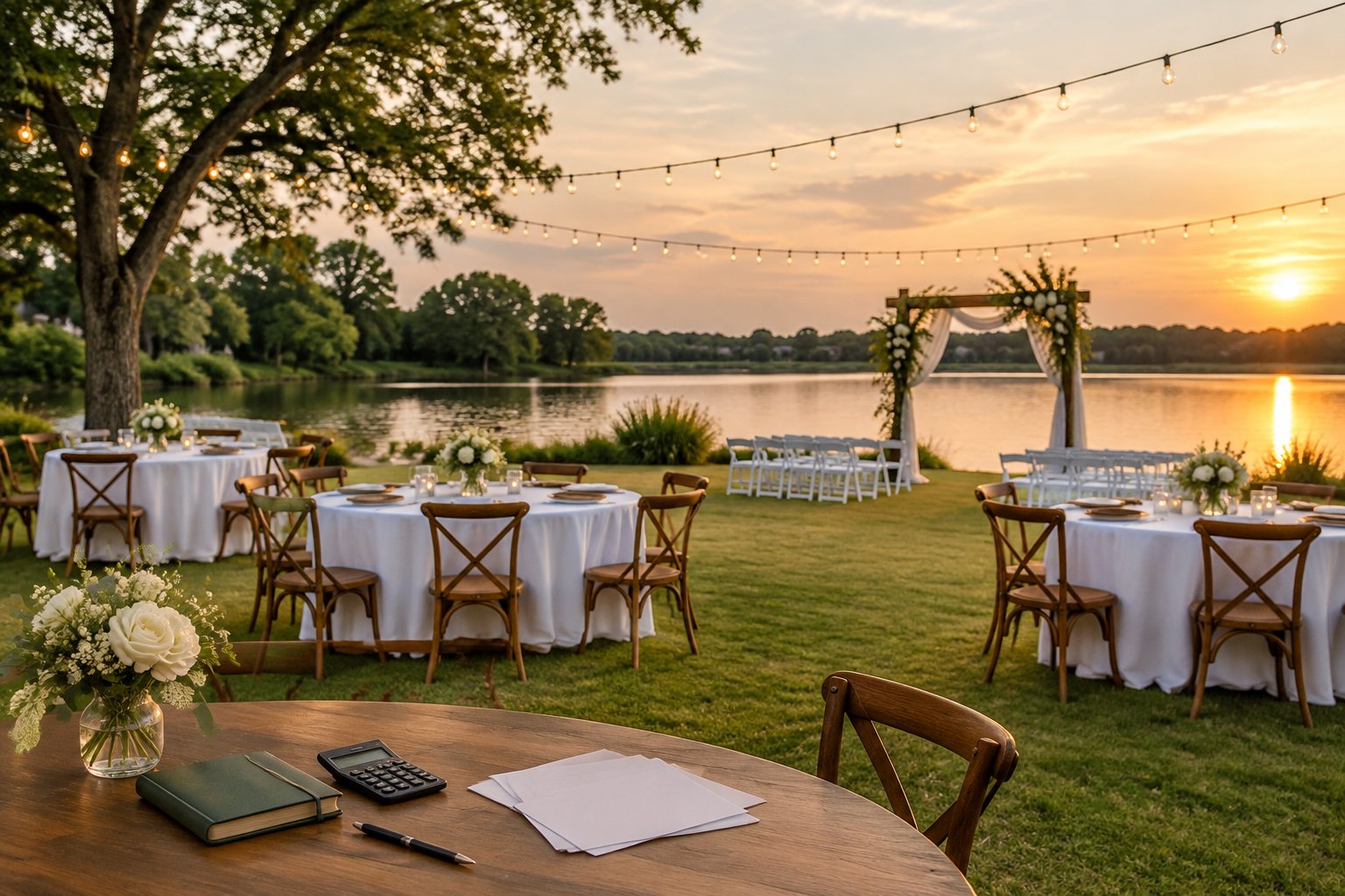 A lakeside wedding reception setup with tables and a ceremony arch beside the water.