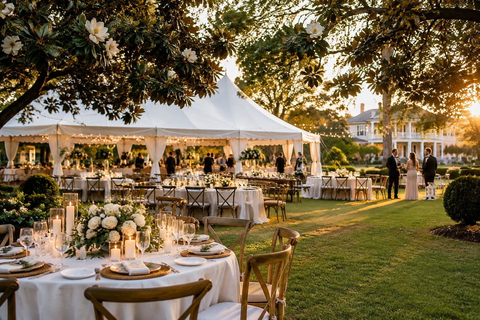 An elegant outdoor wedding reception beneath a white tent among magnolia trees.