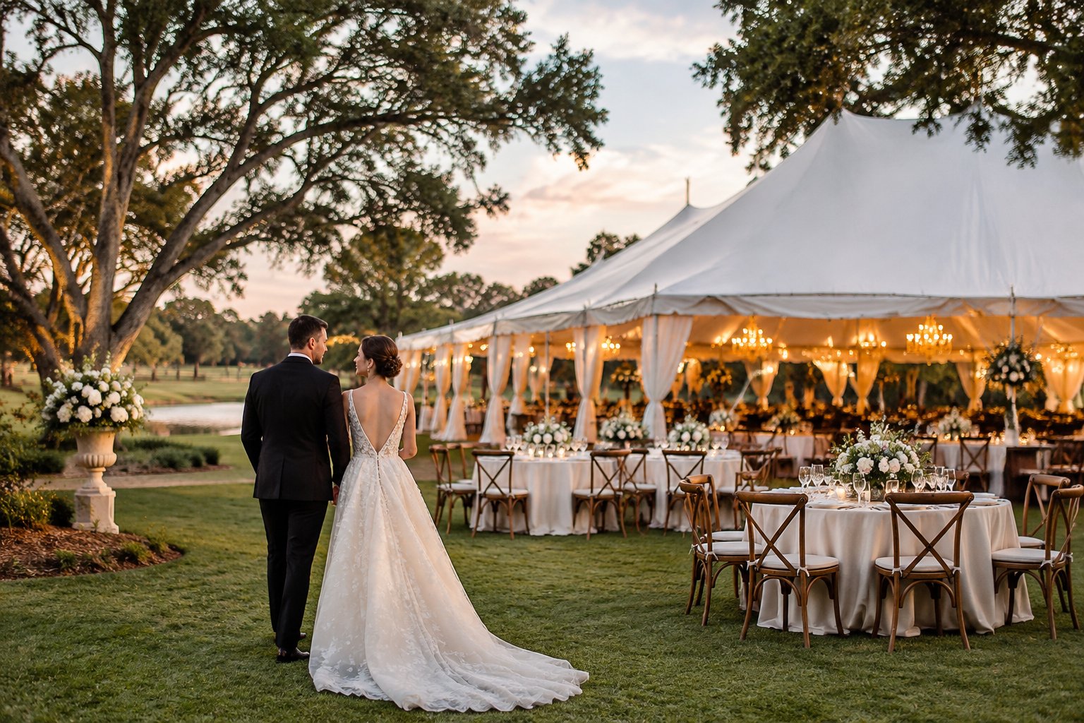A couple celebrates at an elegant outdoor wedding reception beneath a white tent.