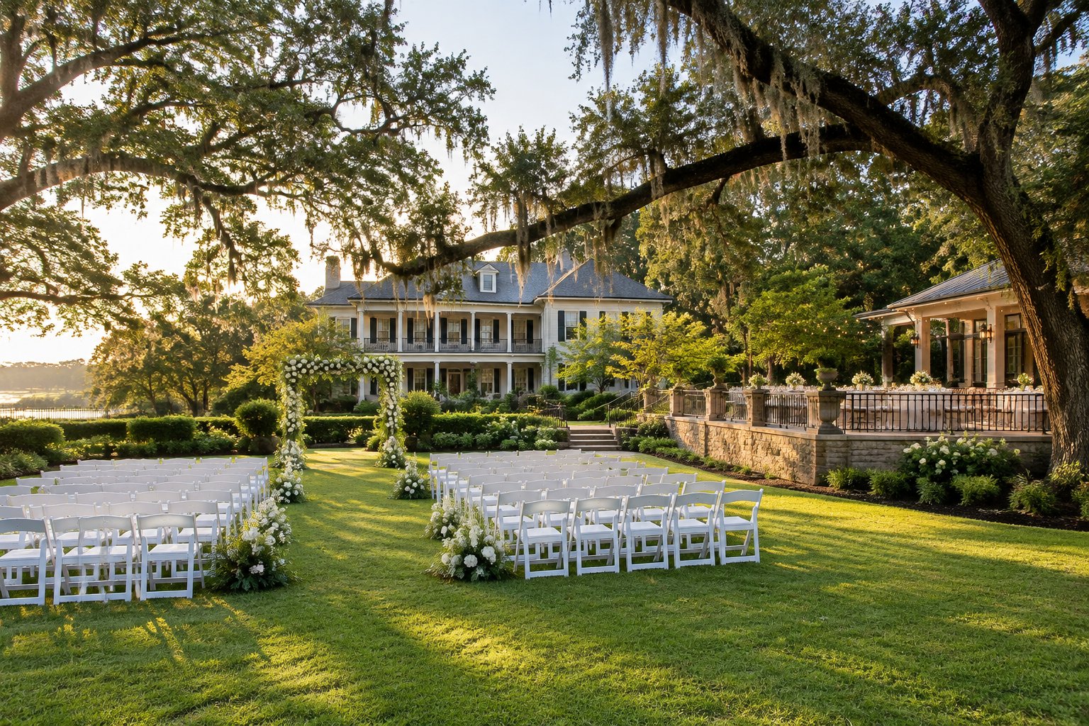 An elegant wedding ceremony lawn beside a Southern estate and garden.