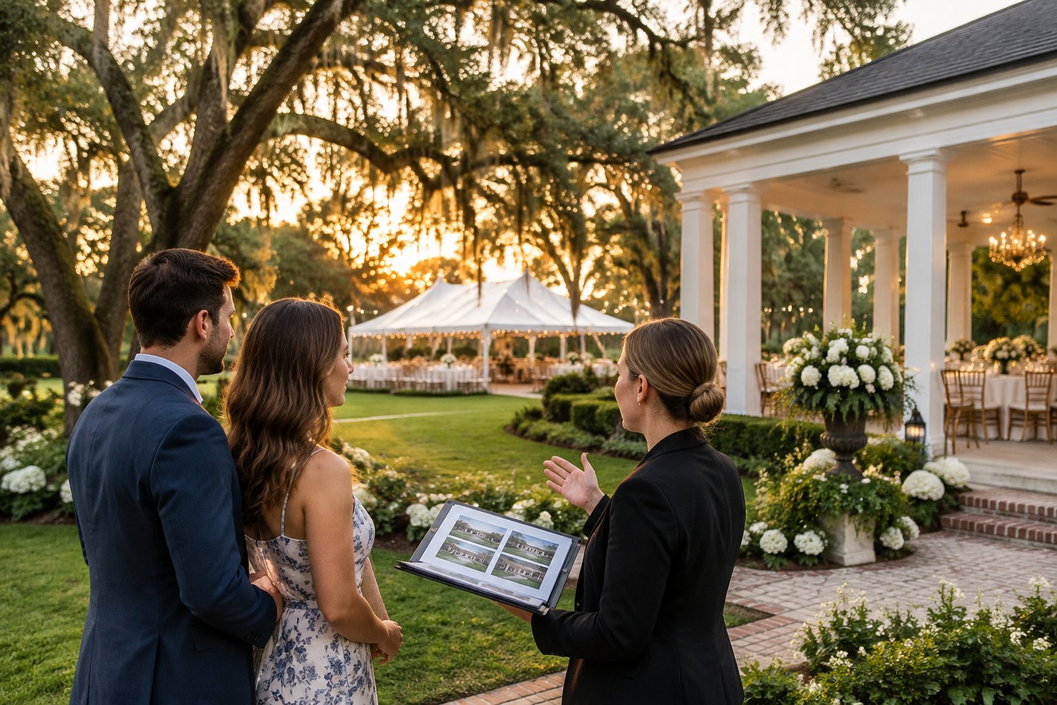 A couple and a venue coordinator look over a garden wedding venue.