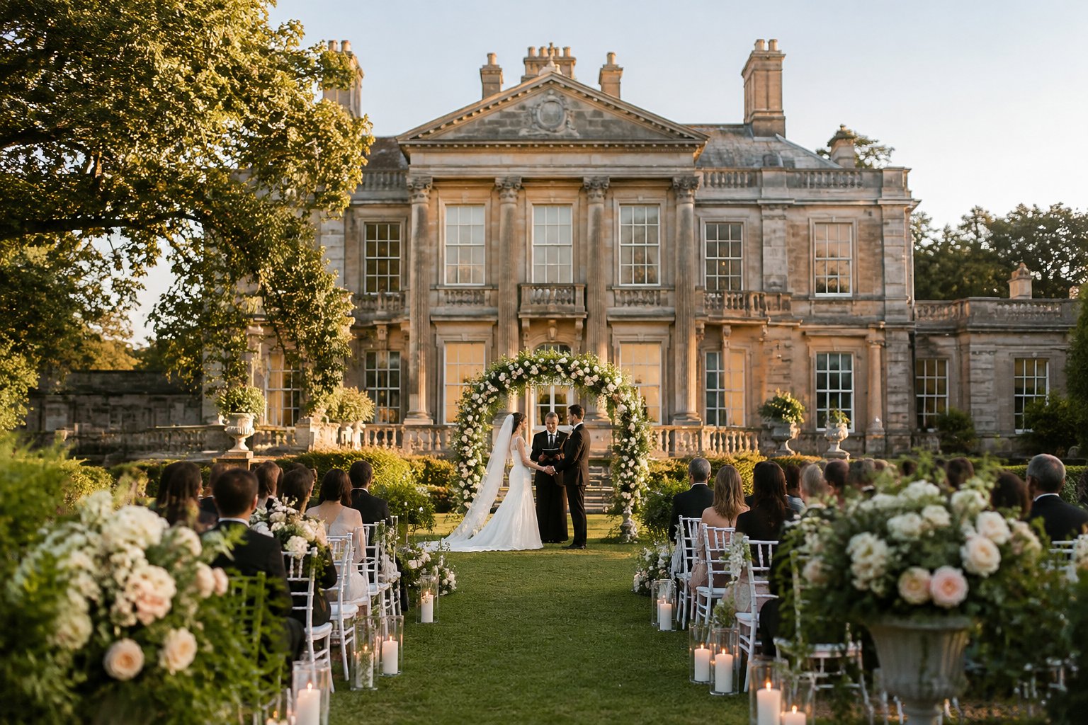 A wedding ceremony set in the garden of a historic stone mansion.