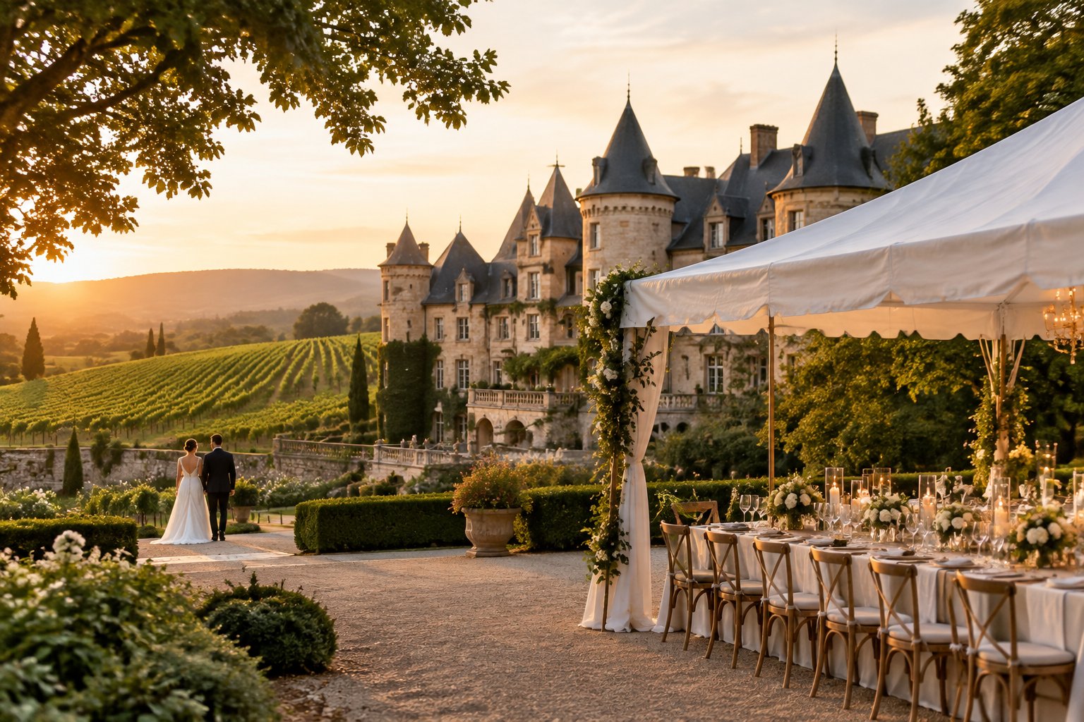 An elegant wedding reception set among vineyard rows beside a stone estate.