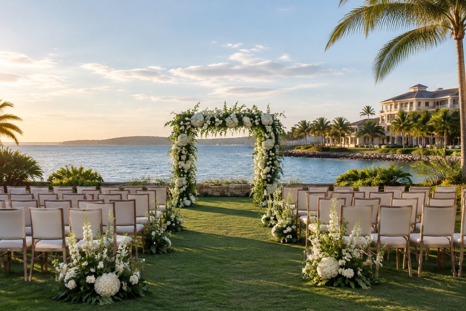 An elegant outdoor wedding ceremony setup beside the water at a resort.