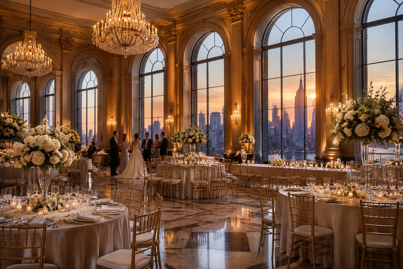 A wedding reception in an elegant hotel ballroom overlooking a city skyline.