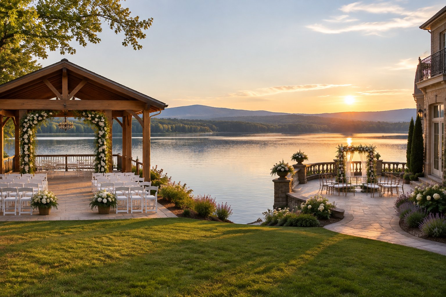 Two wedding ceremony settings beside a calm lake.