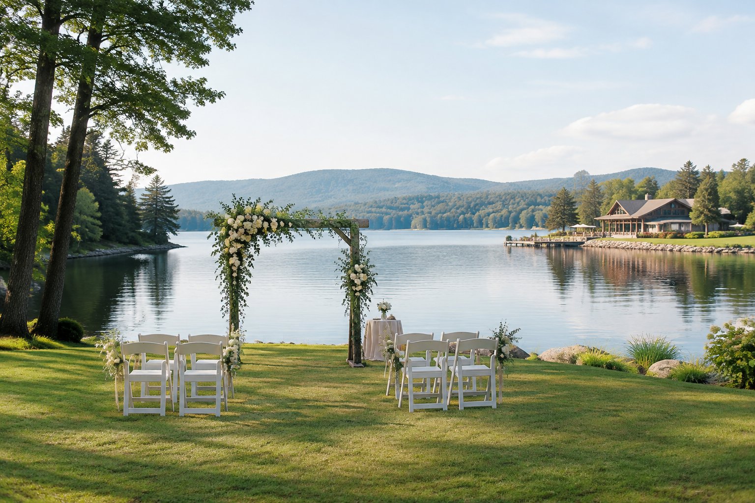 A wedding ceremony setup on a grassy lakeshore beside a calm lake.