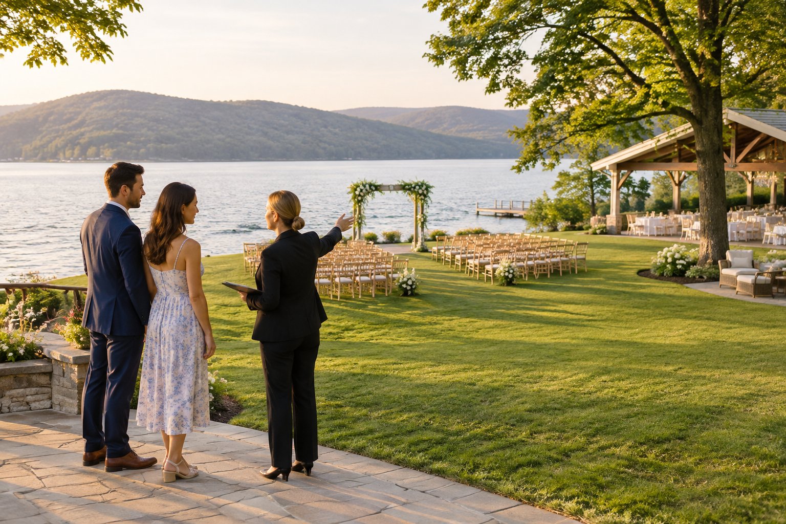 A couple and a wedding planner view a ceremony area beside a lake.