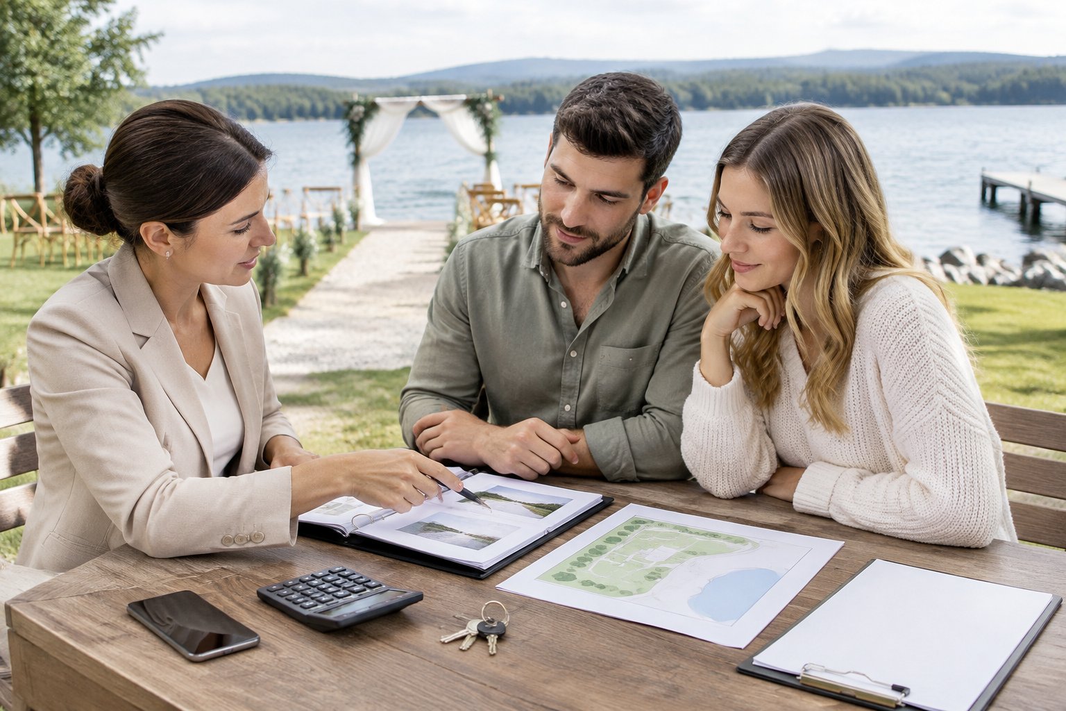 A couple and wedding planner review venue plans beside a lake.