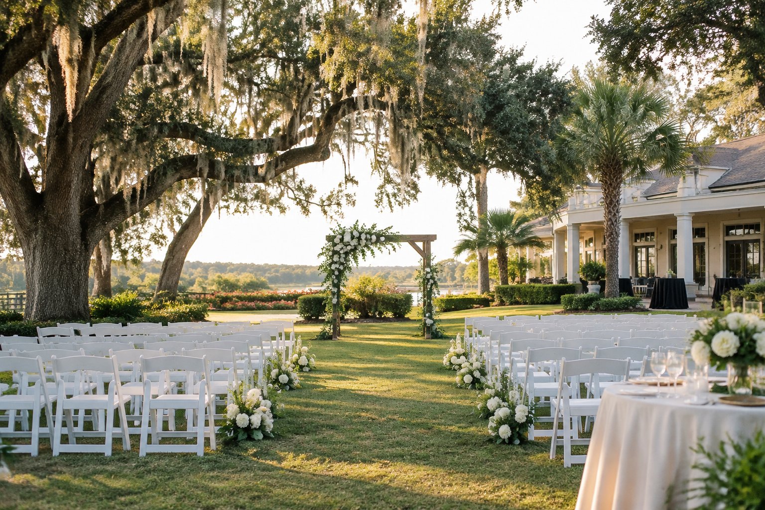 An outdoor wedding ceremony setup in a landscaped garden.