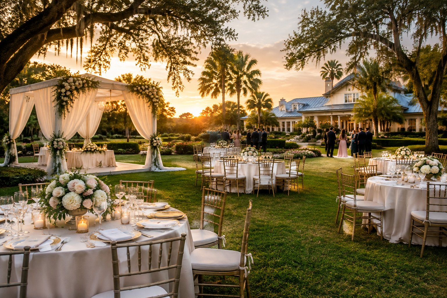 An elegant outdoor wedding reception on a landscaped estate lawn.