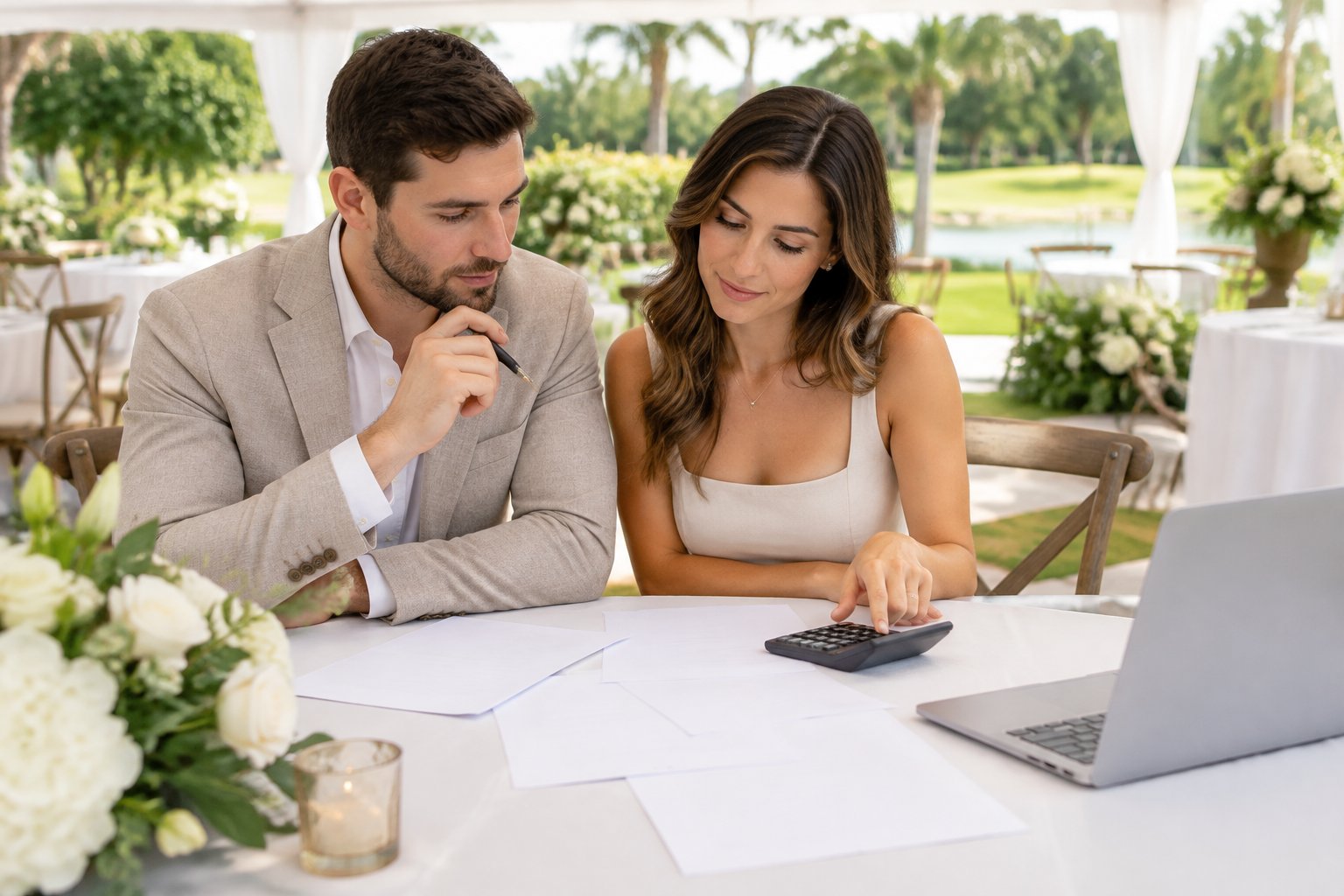 A couple reviews wedding venue documents together at an elegant garden reception venue.