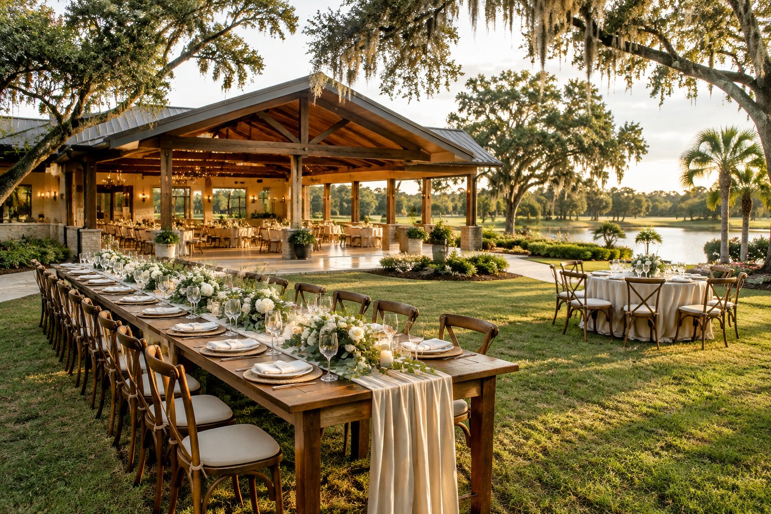 An elegant wedding reception with varied seating areas on landscaped estate grounds.