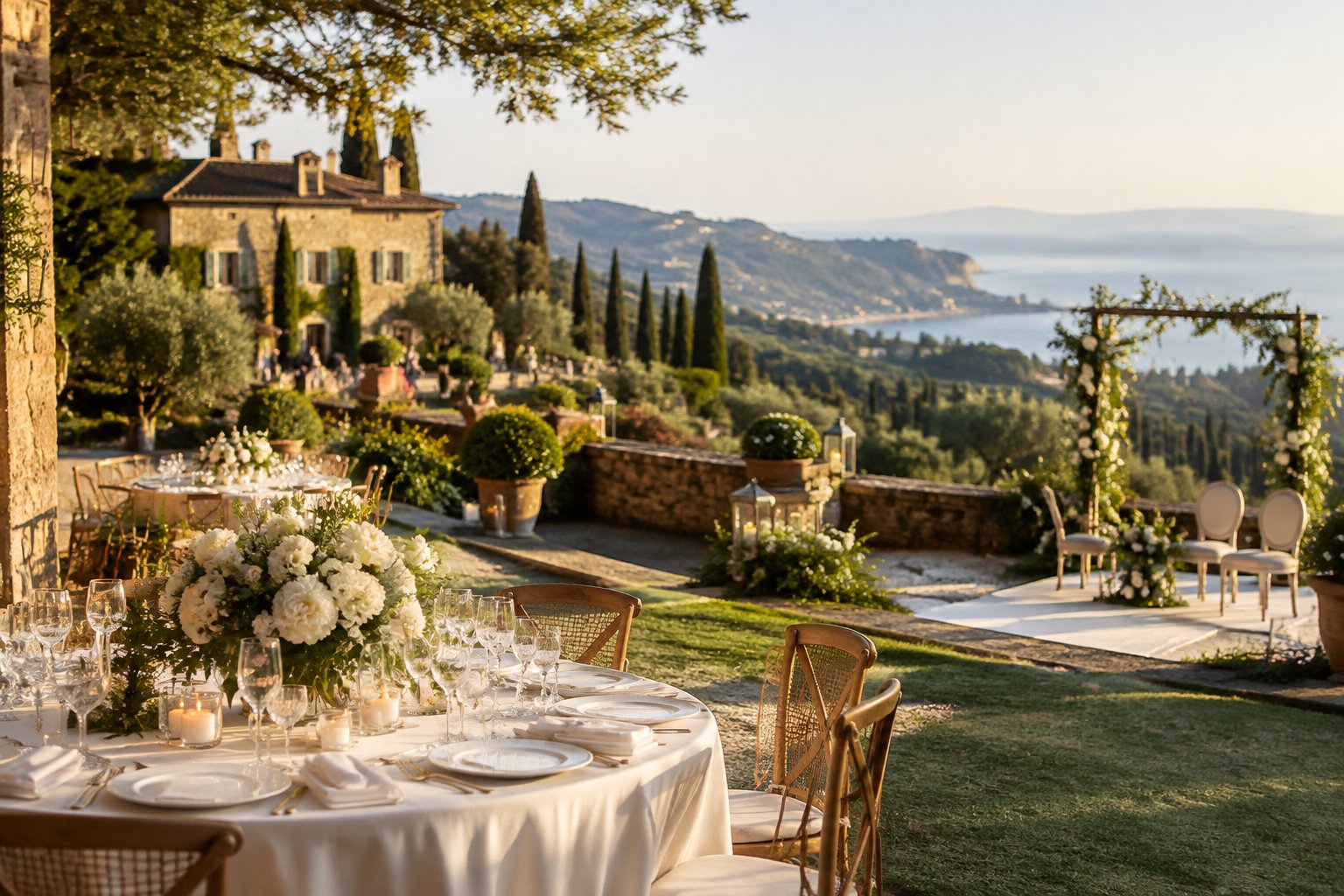 An elegant outdoor wedding reception beside an Italian villa.