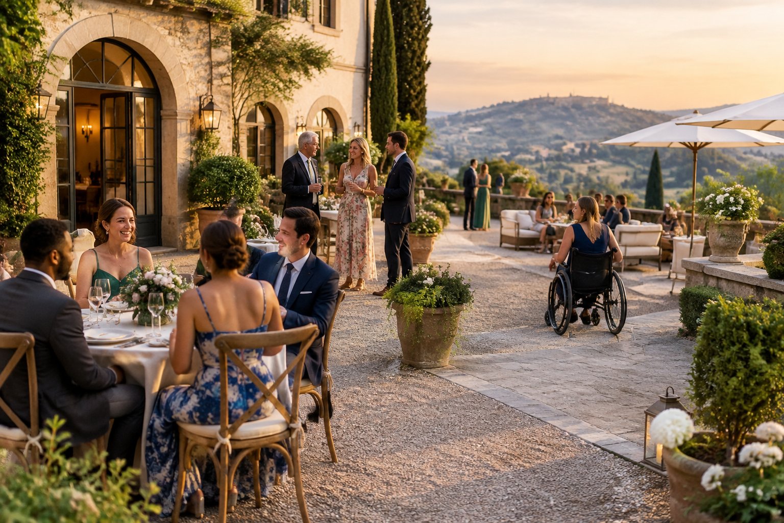 Wedding guests gather at an Italian villa reception, with a wheelchair user on the garden path.