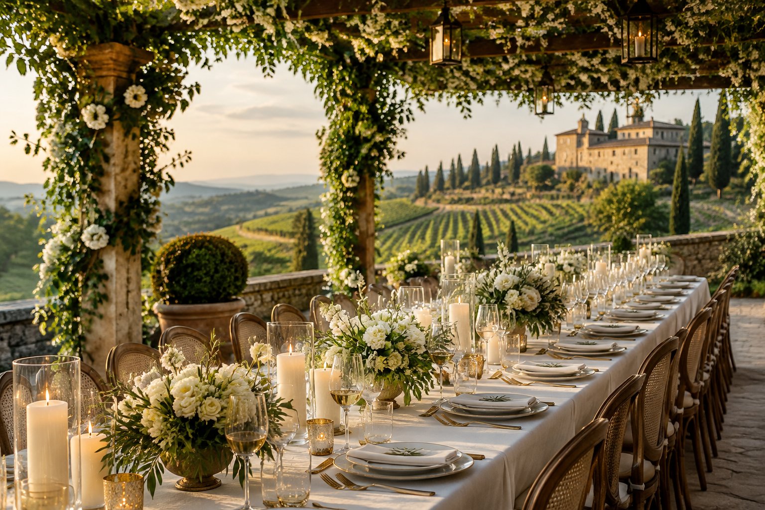 A wedding reception table set at a villa overlooking Tuscan vineyards.