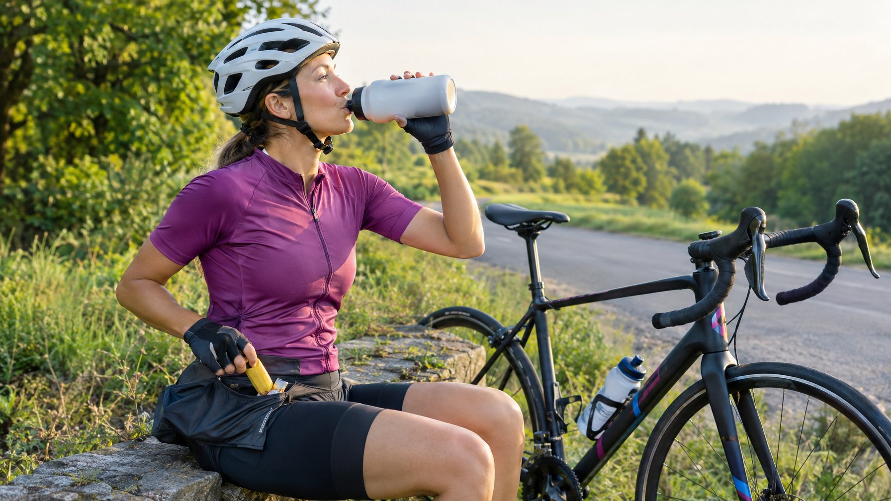 Seorang pesepeda beristirahat di tepi jalan sambil minum air dan mengambil camilan.