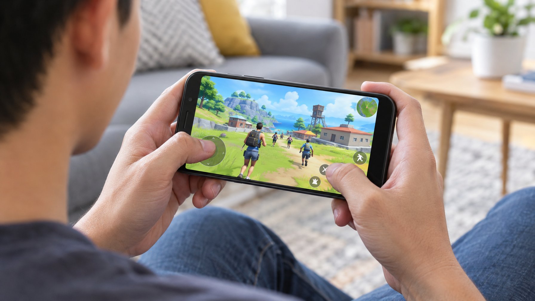 Seseorang bermain game battle royale di ponsel Android.