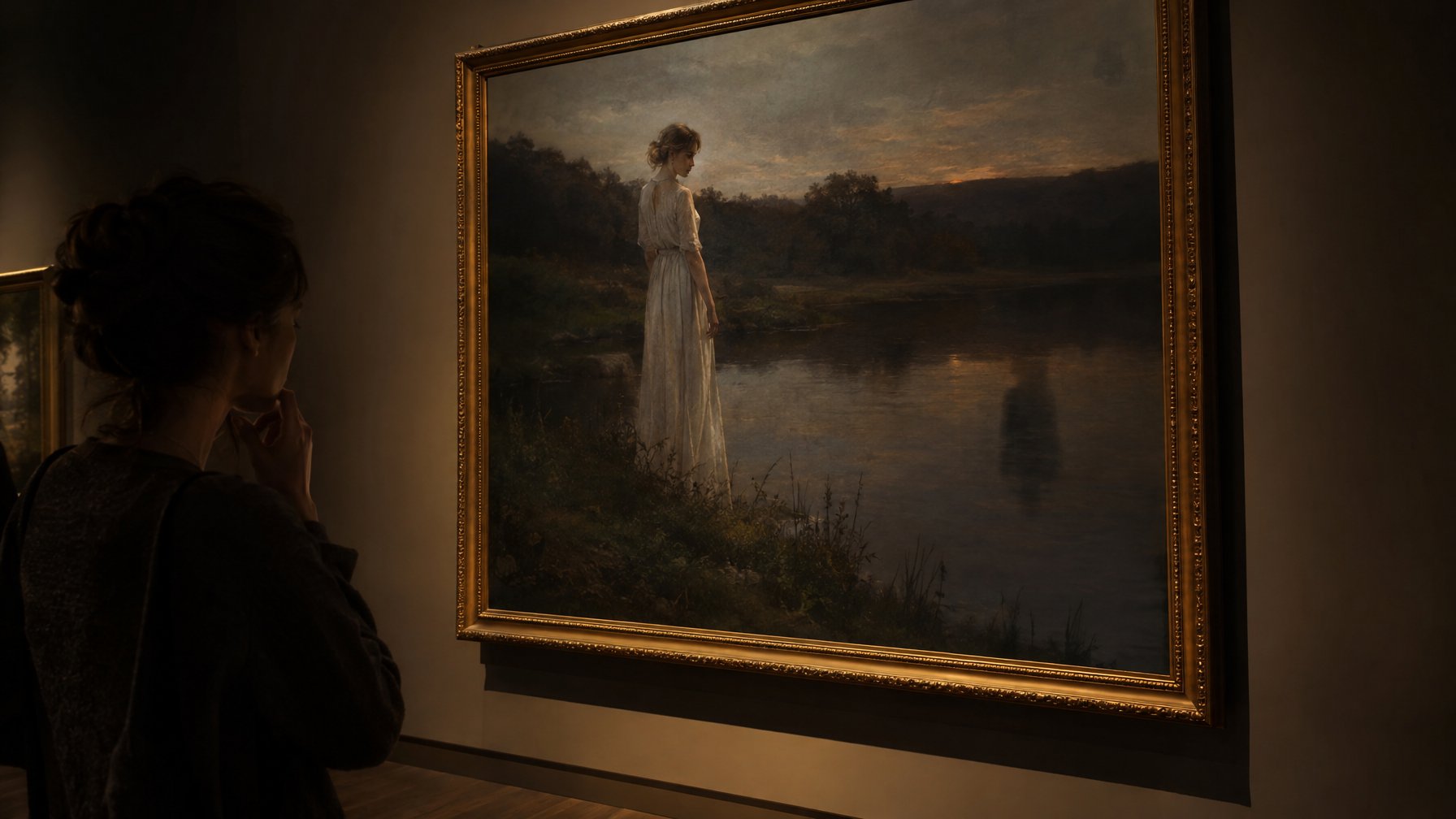 Seorang pengunjung mengamati lukisan perempuan di tepi danau dalam galeri yang remang-remang.
