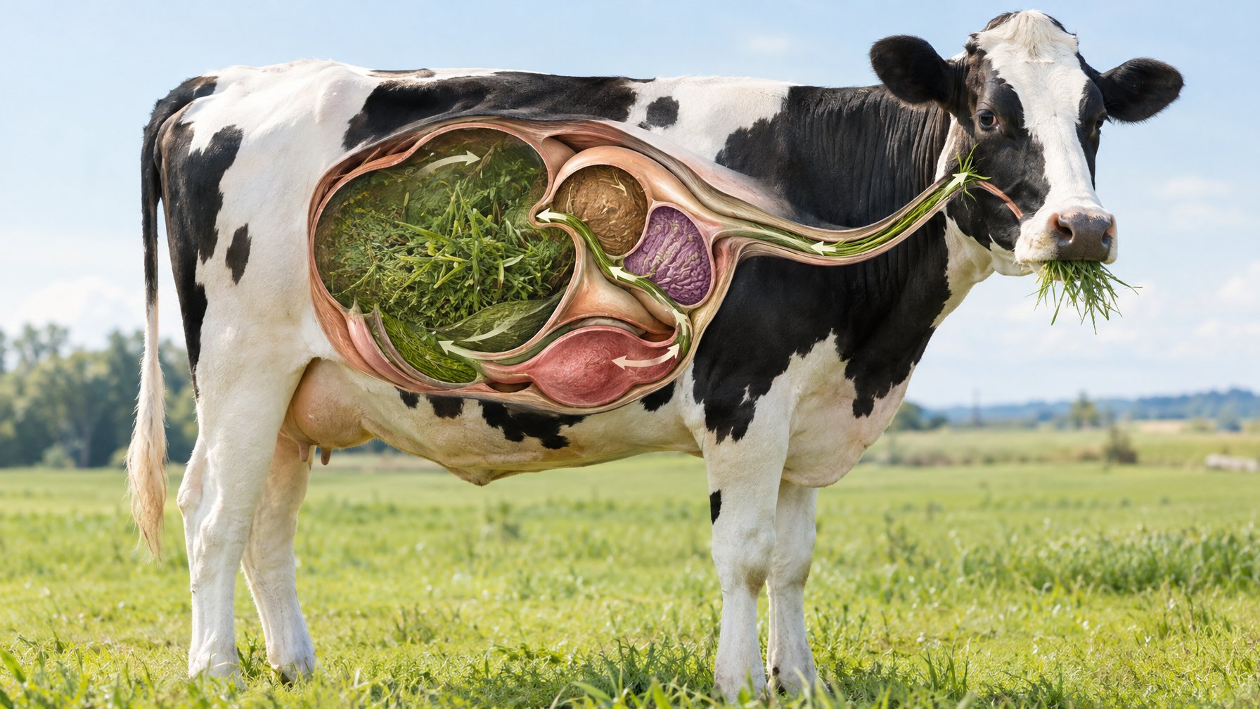 Seekor sapi dengan ilustrasi empat bagian lambungnya saat mencerna rumput.