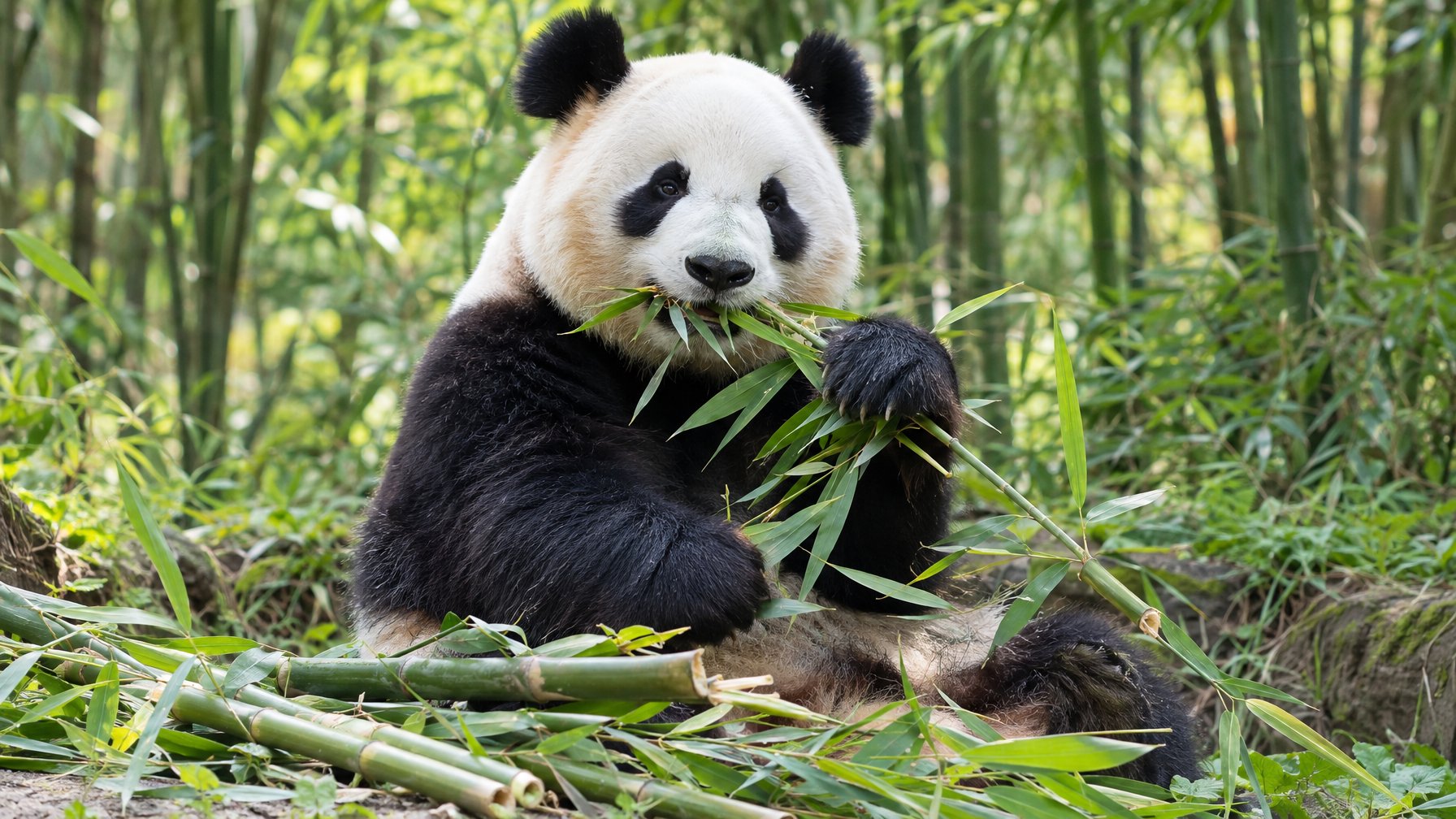 Panda raksasa duduk di hutan bambu sambil memakan batang bambu.