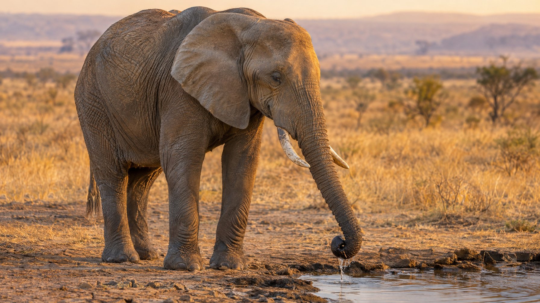 Seekor gajah Afrika menggunakan belalainya untuk mengambil air dari genangan kecil di savana yang kering.