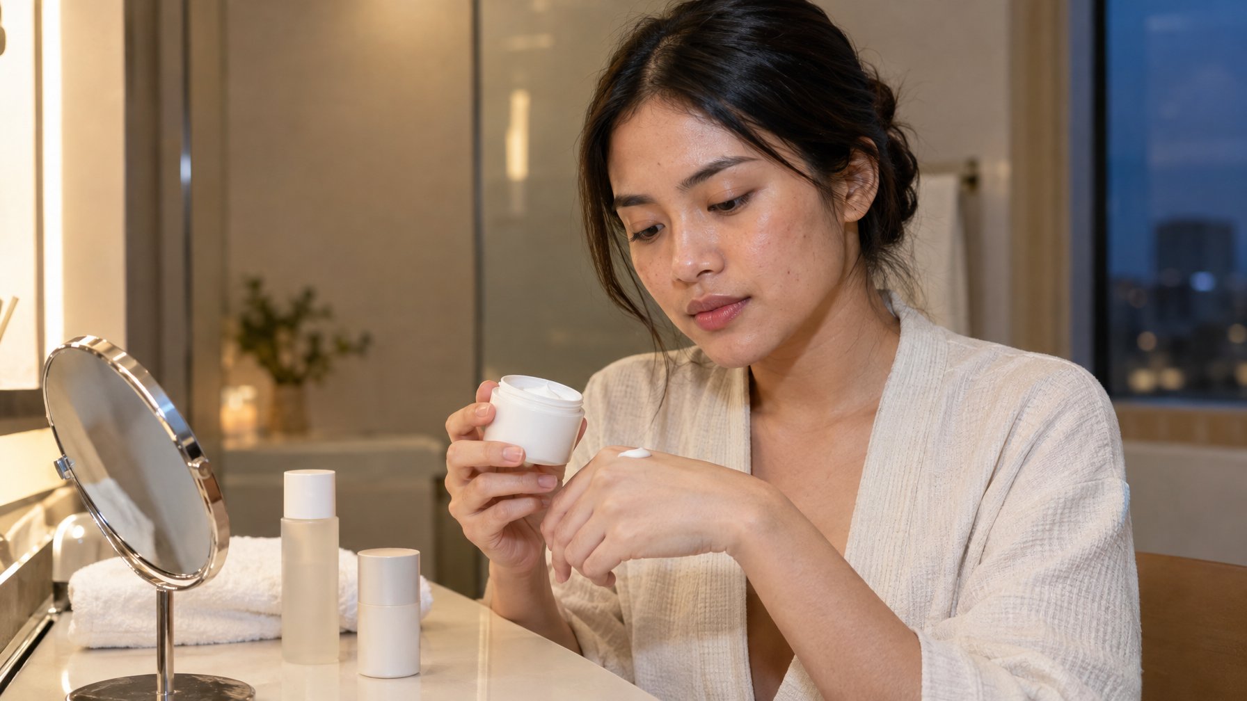 Seorang perempuan memeriksa krim malam di depan cermin kamar mandi.